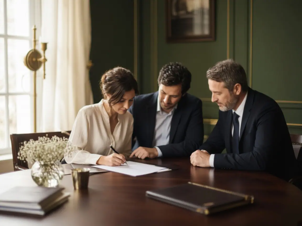 Clientes firmando una escritura con el notario