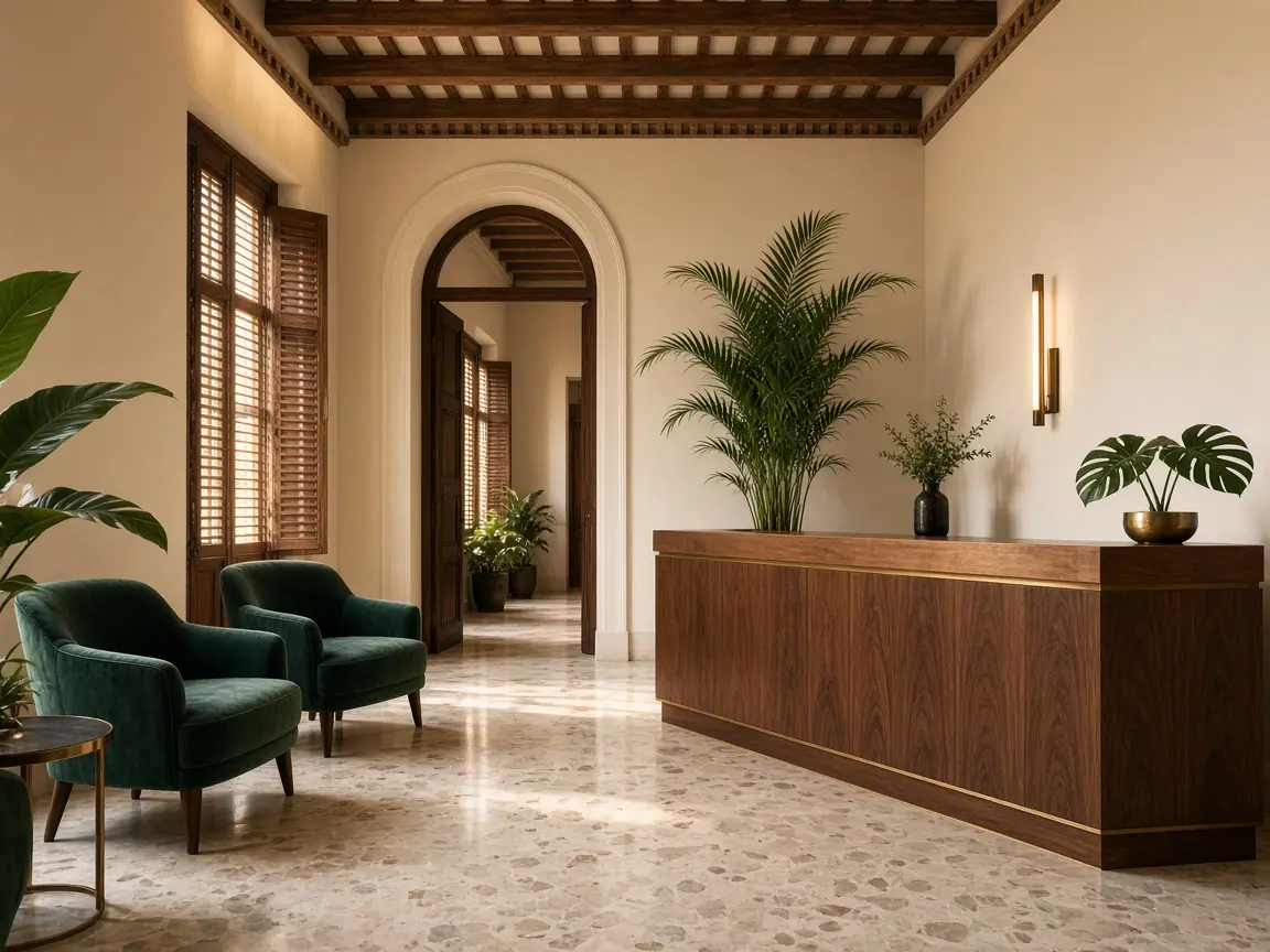Recepción de la notaría con sillones verdes y mostrador de madera